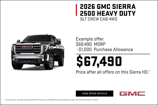 Example offer:
$61,190 MSRP
$1,000 Purchase Allowance
$60,190 Price after all offers on this Sier...